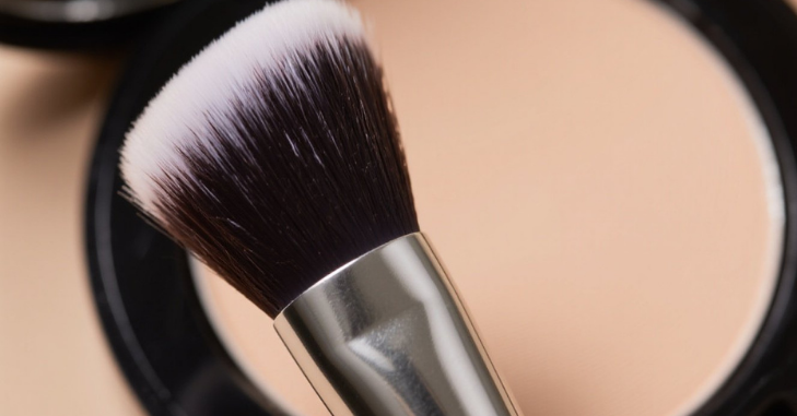 Buffing brush working foundation into the cheeks