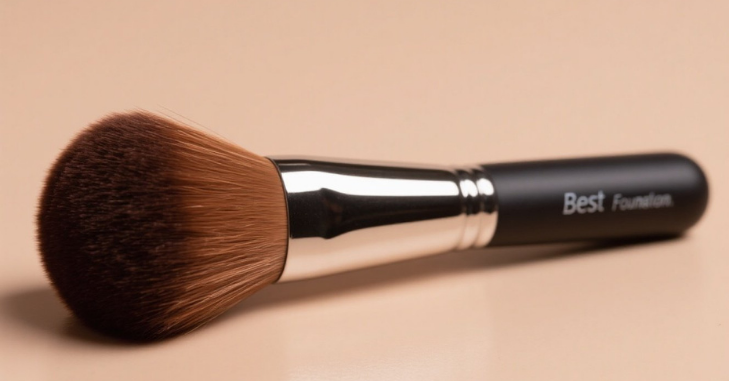 Foundation brush beside a bottle of liquid base