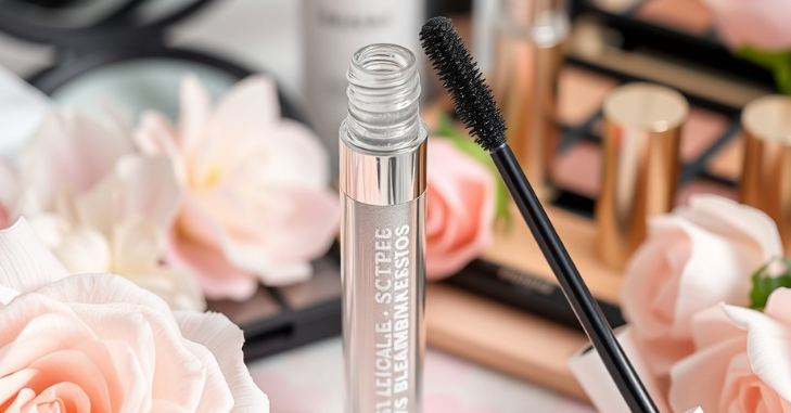 Clear mascara wand held beside an open tube