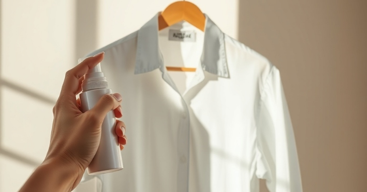 Bottle of wrinkle-releasing spray beside folded laundry