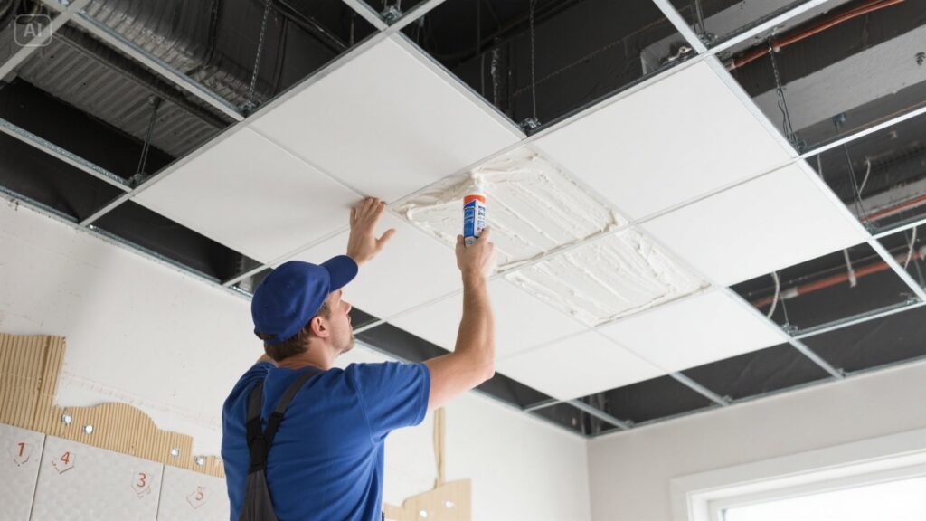 Close-up of textured polystyrene ceiling tile detailing