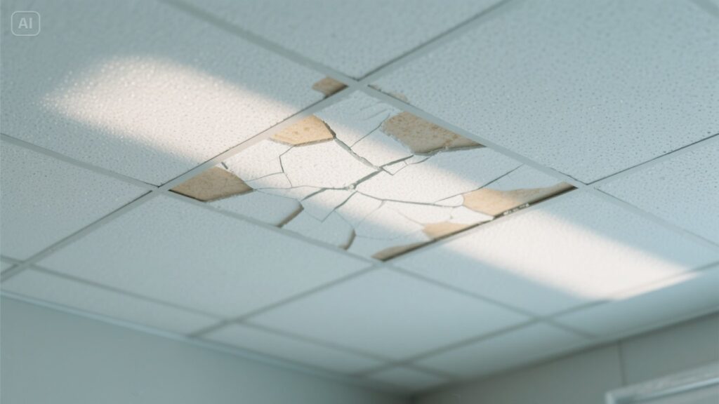 Room ceiling shown partway through a tiling project