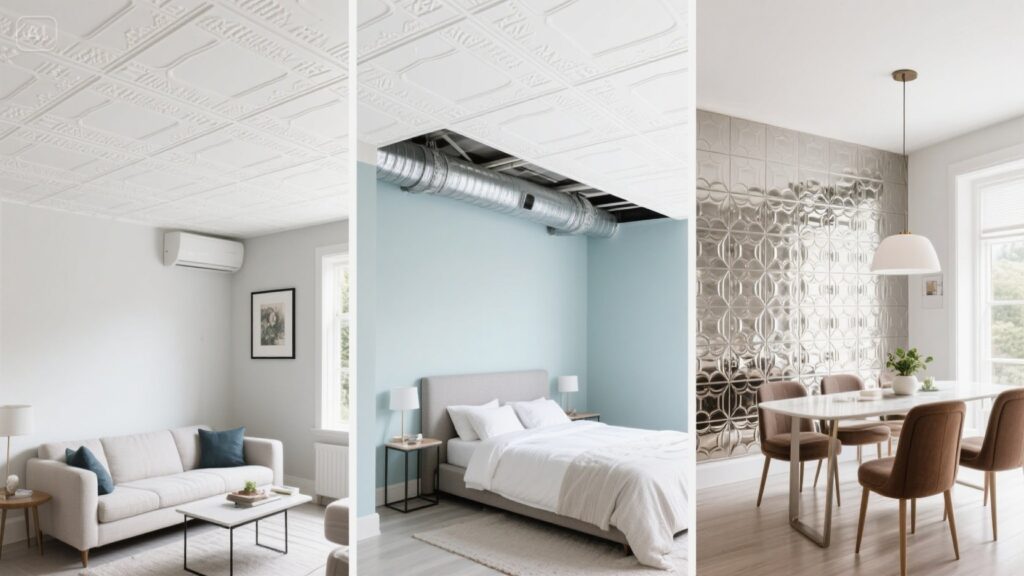 Polystyrene ceiling tiles fitted across a domestic ceiling
