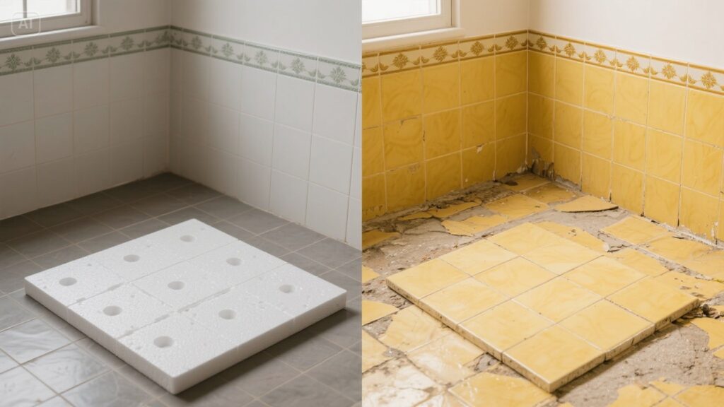 Polystyrene ceiling tiles shown before and after replacement work