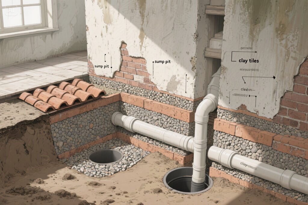 Exposed basement wall showing an older drainage channel
