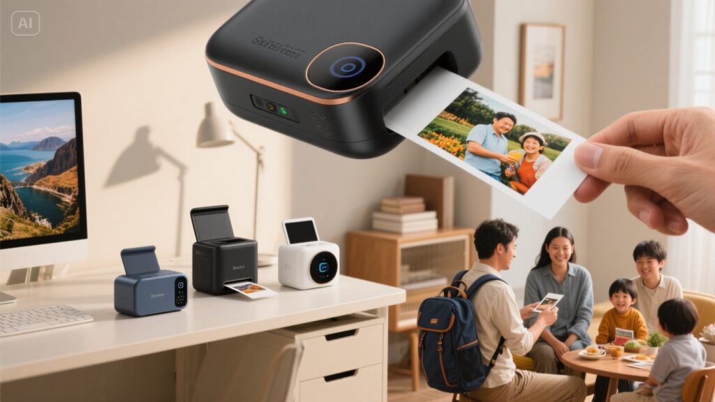 Close-up of photo paper feeding through a mini printer