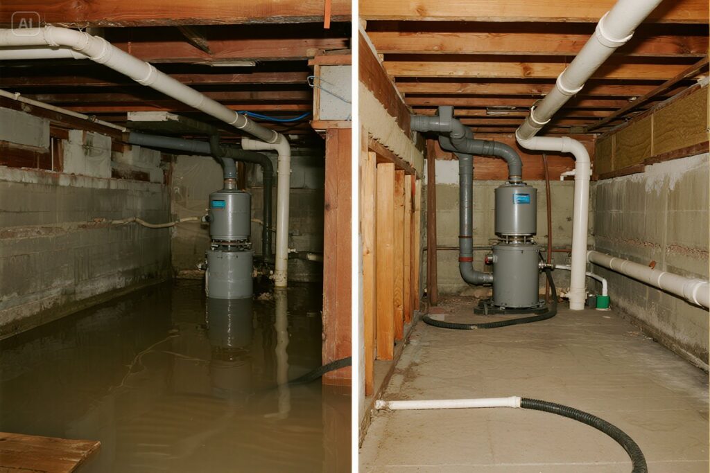 Old basement drainage system installed around a cellar floor