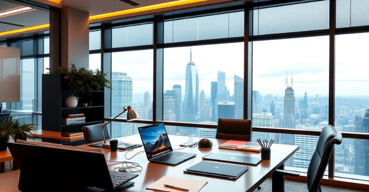 Office desk with a VoIP handset beside a computer monitor