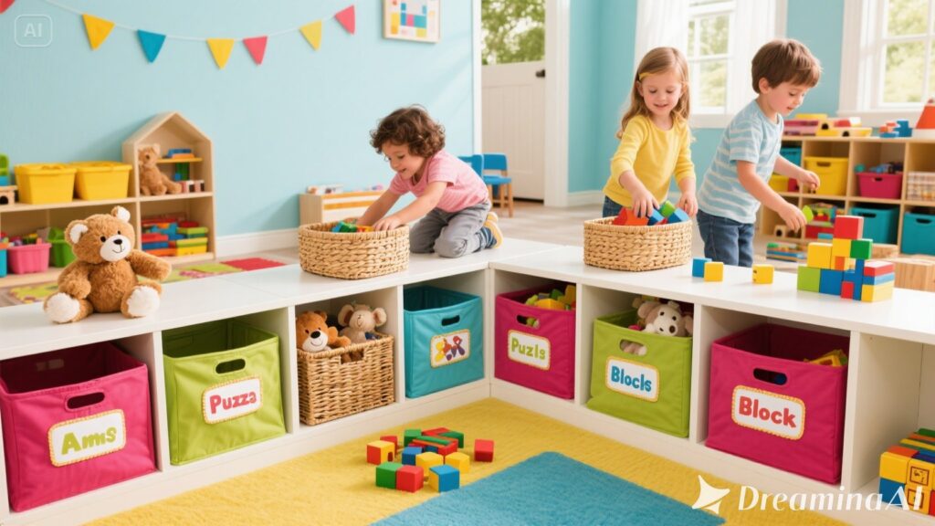 Bright playroom filled with sorted toys and labelled containers