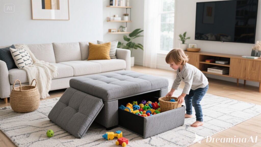 Cosy living room with a toy chest doubling as a coffee table