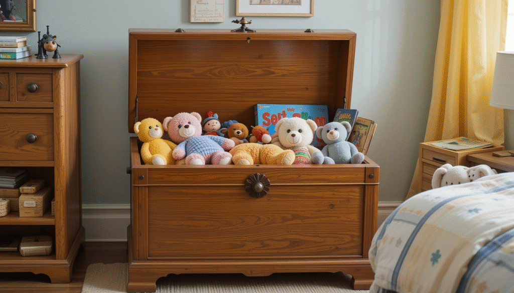 Tidy playroom with labelled toy storage baskets along the wall