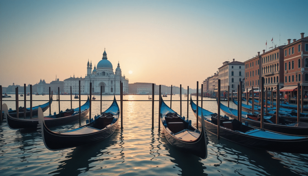 Canal lined with pastel buildings in Venice