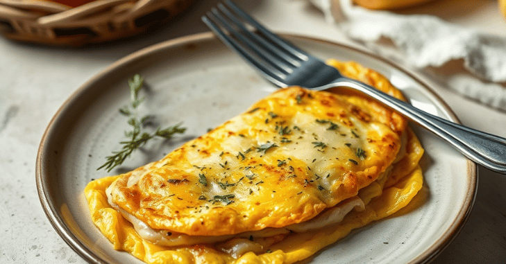 Creamy sauce being spooned over an open omelette