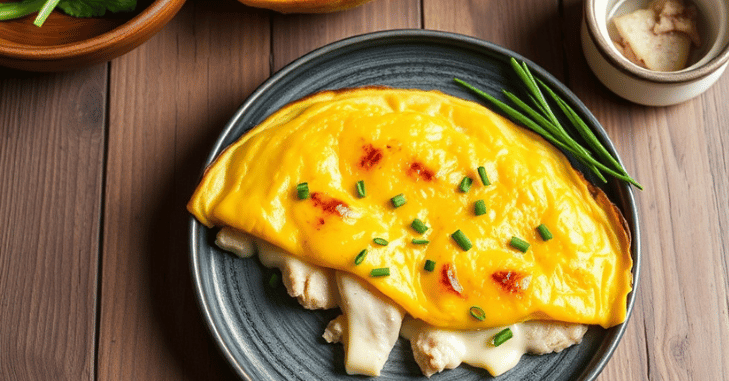 Omelette Arnold Bennett served in a cast iron pan