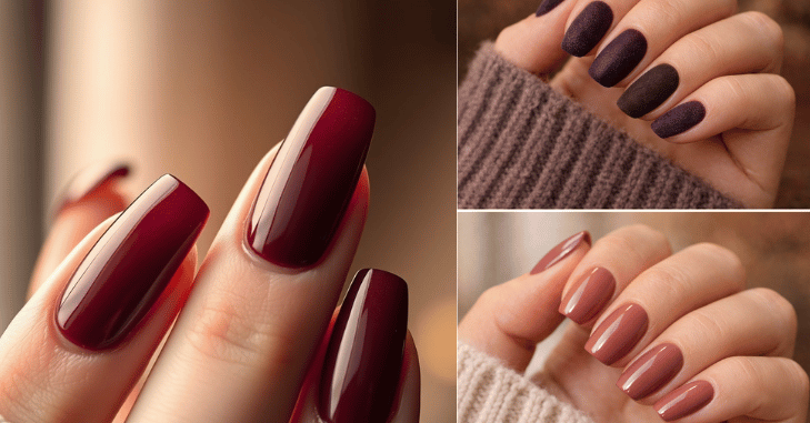 Classy autumn nails in warm burgundy and bronze shades