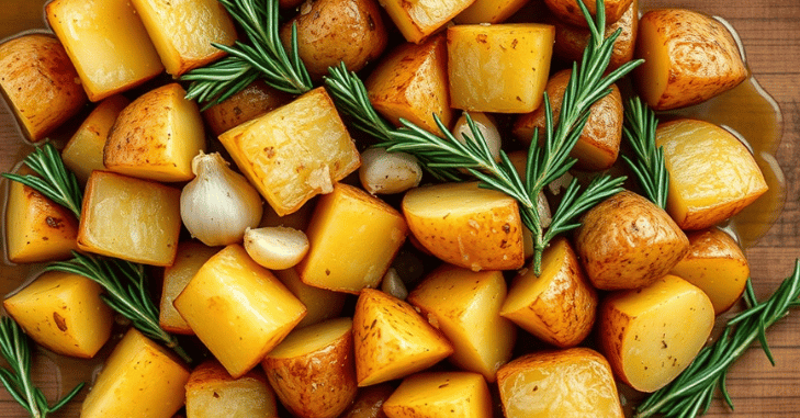 Golden crispy roast potatoes in a roasting tin