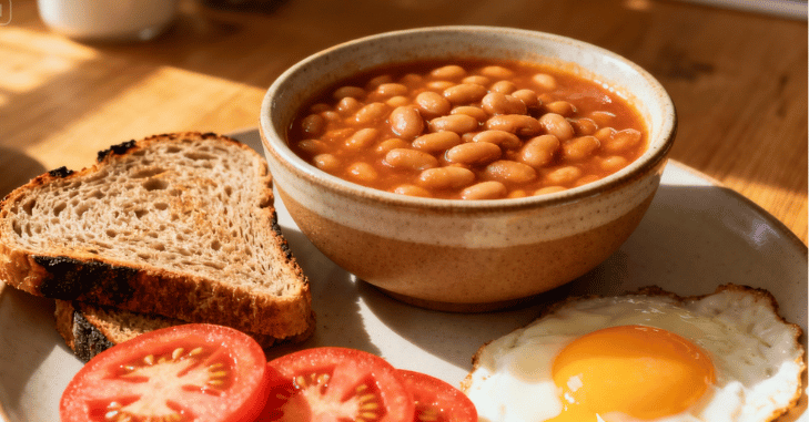 Nutrition label being checked on a tin of beans