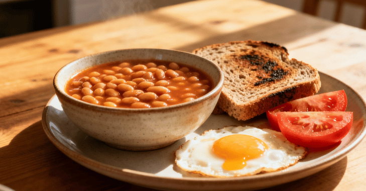 Close-up of haricot beans in tomato sauce