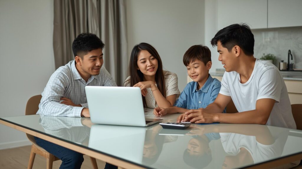 Family discussing finances with a laptop and calculator