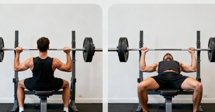Weight bench and loaded barbell in a gym