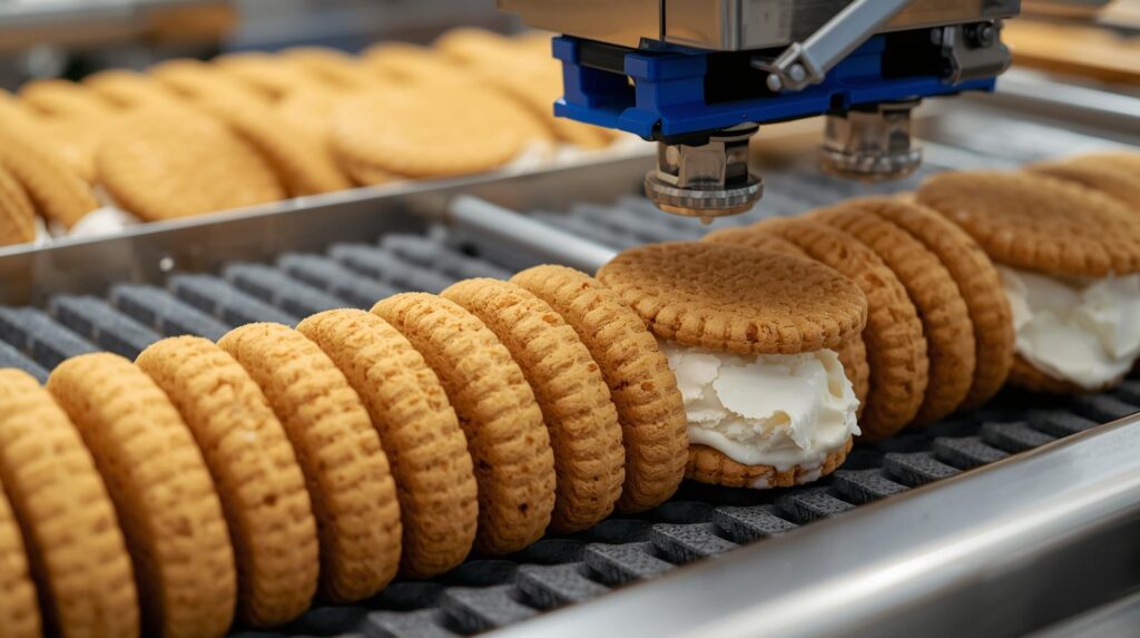 Hand holding an ice cream sandwich on a sunny day