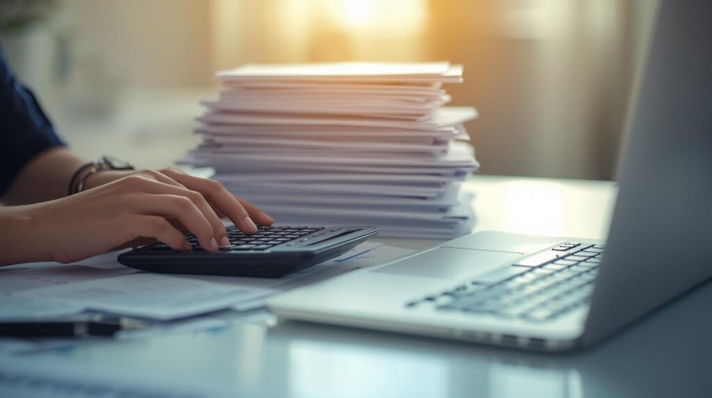 Tax paperwork and a calculator on a desk