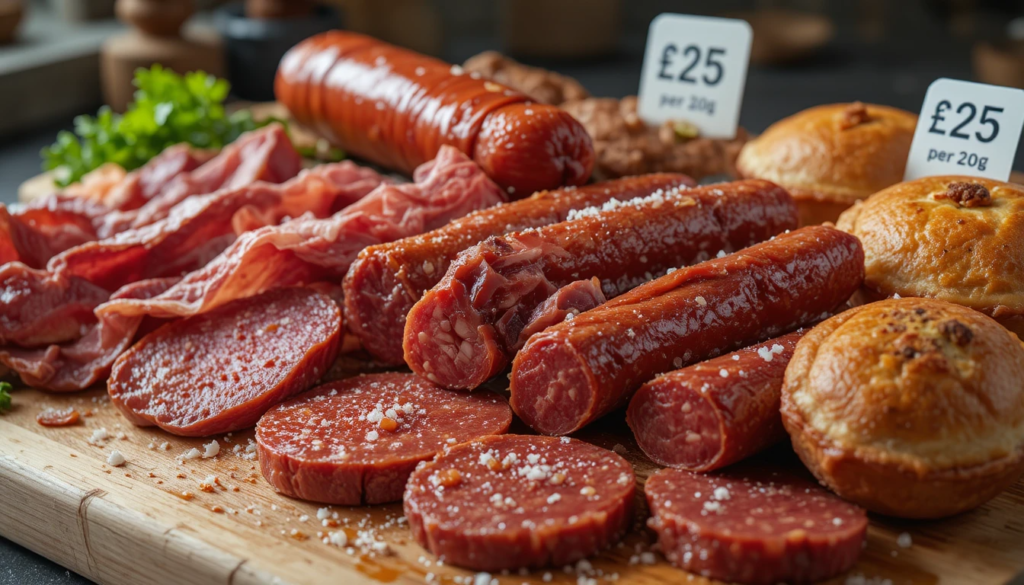 Plate of processed red meat and cured sausages