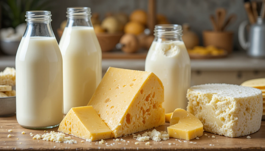 Full-fat dairy products arranged on a table