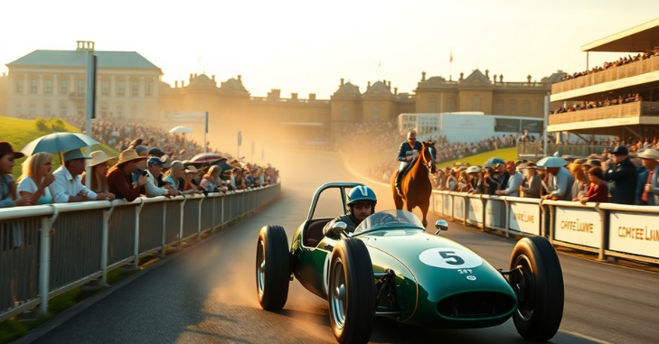 Classic cars lined up at a motorsport event