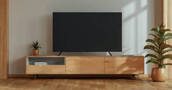 Cosy snug with a low sofa facing a compact screen