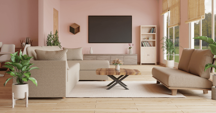 Small living room arranged around a television with space-saving furniture
