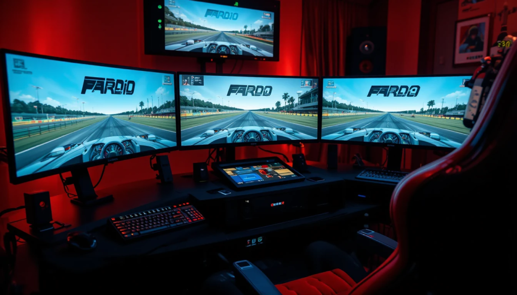 Sim racing cockpit with a wheel and pedals