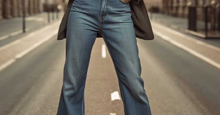 Close-up of denim hem falling over ankle boots