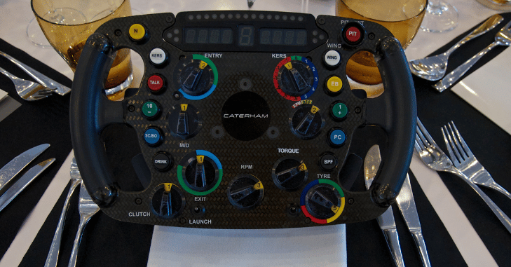 Modern Formula 1 steering wheel covered in controls